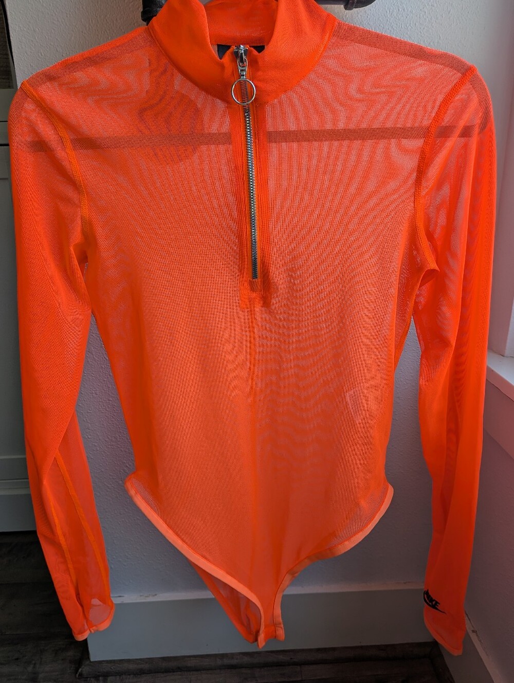 Nike Sportswear Icon Clash Mesh Bodysuit Orange Sheer 1/4 Zip Medium